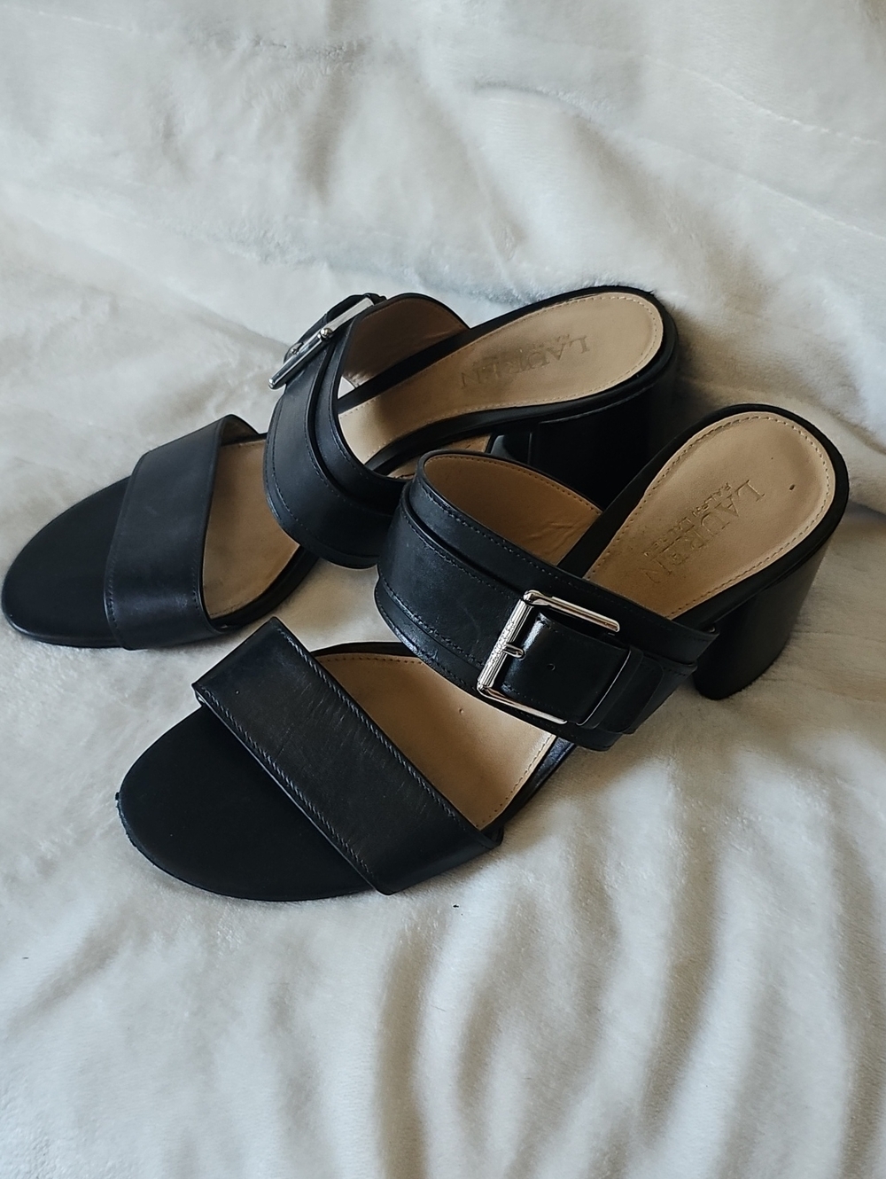 Lauren Ralph Lauren Black Leather Block Heel Sandle With Silver Buckle Size 9